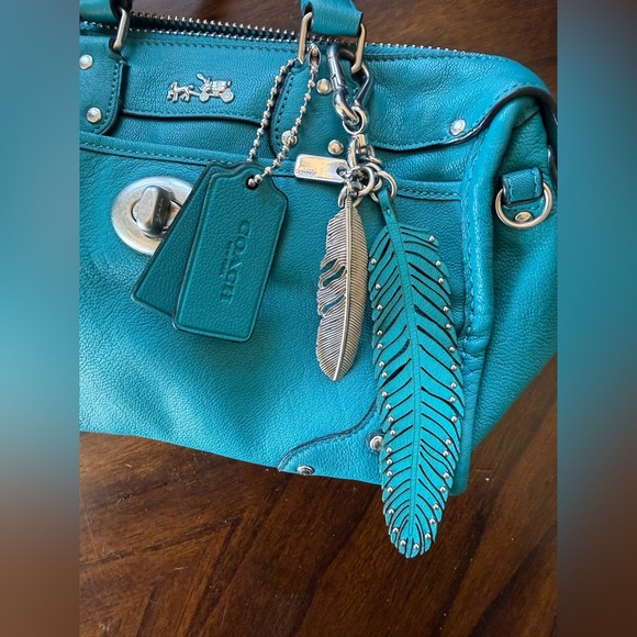 Coach Blue Rhyder 24 Leather Teal Turquoise Feather Charms Nickel Hardware - Picture 14 of 16